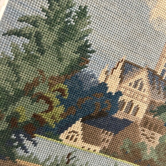 Vintage Handmade Cross-Stitch Framed Church River Scene Religious Cottagecore - Picture 2 of 5